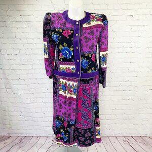 VINTAGE ACT I SKIRT & QUILTED JACKET FLOWER PAISLEY PRINT SET-SZ 13-14 USA MADE!